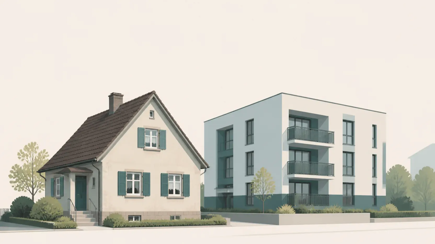 Einfamilienhaus und Mehrfamilienhaus als Sinnbild für unterschiedliche Energieausweis-Anforderungen