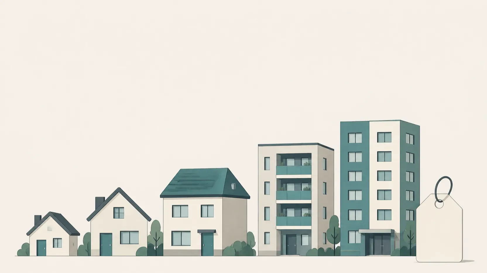 Symbolische Darstellung unterschiedlicher Energieausweis-Kosten je nach Gebäudetyp
